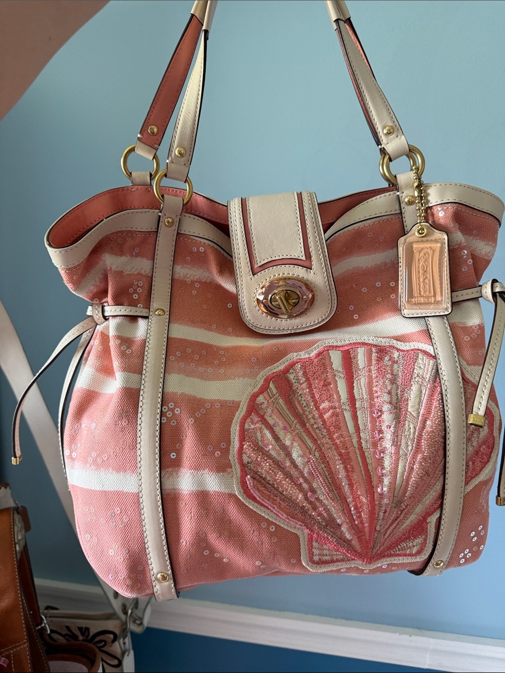 Coach Coral and Ivory Seashell Tote